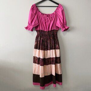 Handmade Plus Size Linen Cotton Batik Pink Multicolour Peasant Dress